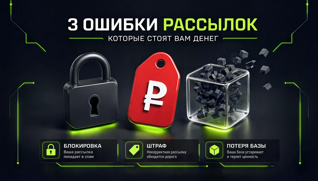 Инфографика: типичные ошибки при рассылках в WhatsApp и их последствия — блокировка, штраф, потеря базы