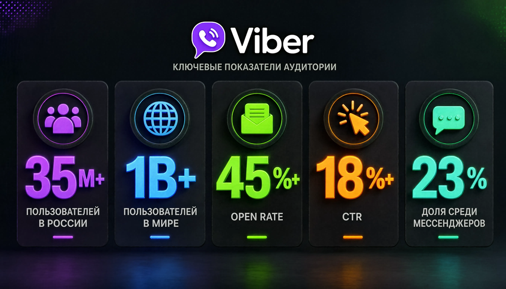 Инфографика с ключевыми показателями аудитории Viber в России и мире: пользователи, open rate, CTR, доля среди мессенджеров