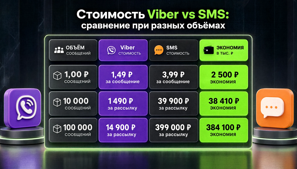 Сравнительная таблица стоимости Viber и SMS рассылок при объёмах 1000, 10000 и 100000 сообщений