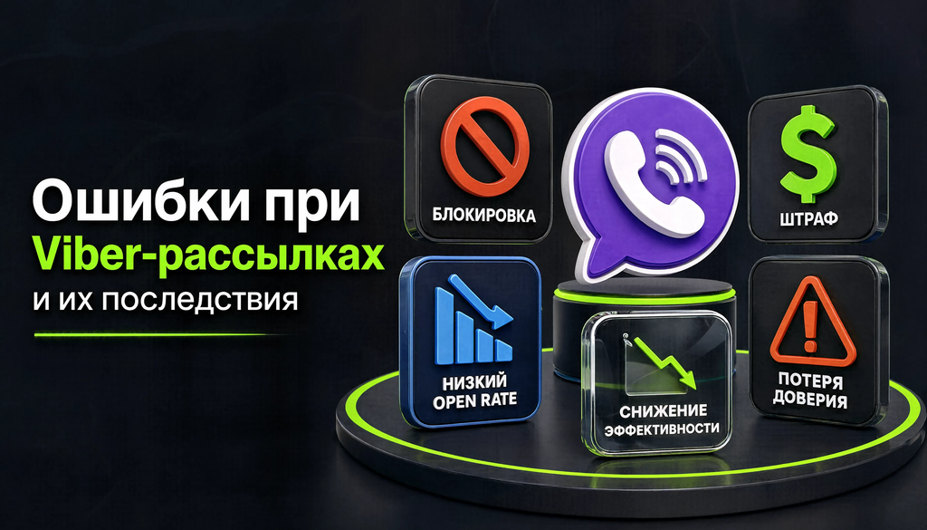 Инфографика типичных ошибок при Viber-рассылках и их последствий, включая блокировку, штраф и снижение open rate
