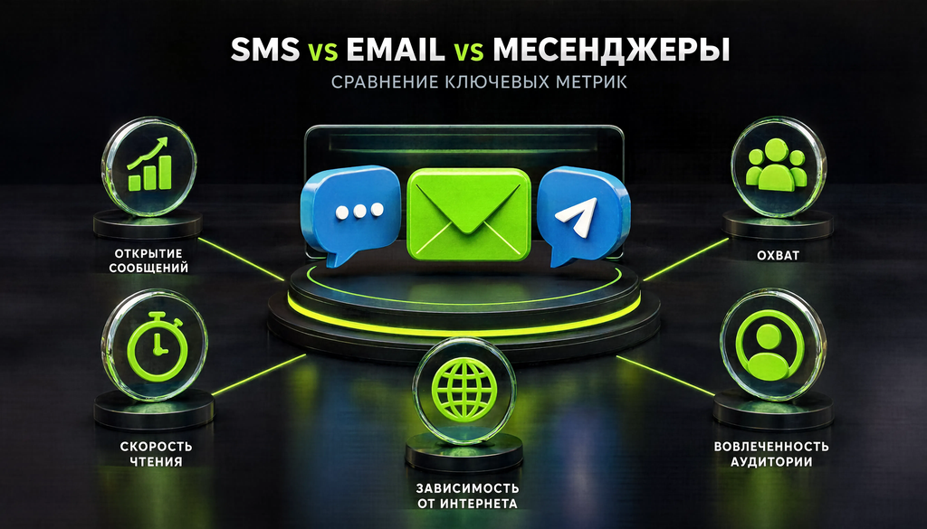 Сравнение ключевых метрик SMS-рассылок, email и мессенджеров: open rate, скорость чтения, охват и зависимость от интернета. Инфографика для оценки эффективности SMS-канала.
