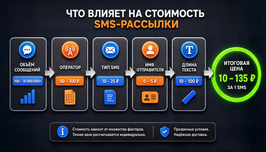 Инфографика: факторы, влияющие на стоимость SMS-рассылки: объем, оператор, тип SMS, имя отправителя, длина текста, итоговая цена.