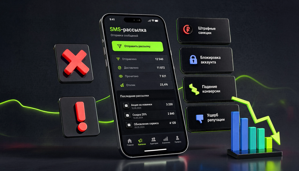 Инфографика: типичные ошибки при SMS-рассылках и их последствия &mdash; штраф, бан, снижение конверсии, репутационный ущерб