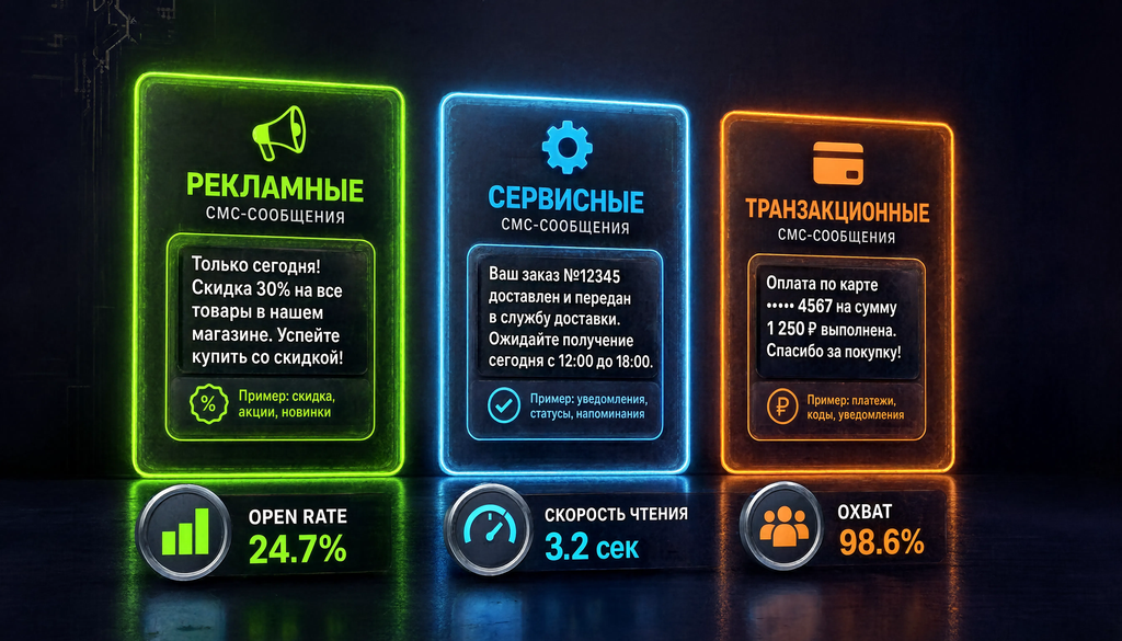 Инфографика: виды СМС-рассылок (рекламные, сервисные, транзакционные) и ключевые метрики канала (open rate, скорость чтения, охват)