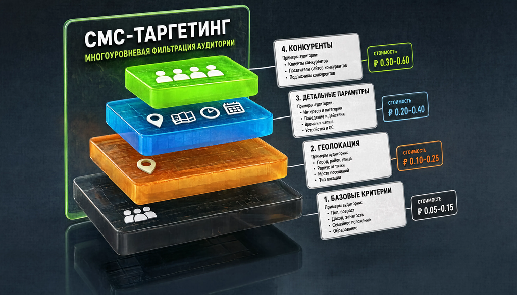 Схема уровней СМС-таргетинга: от базовых критериев до конкурентов, с указанием стоимости и примеров аудитории.