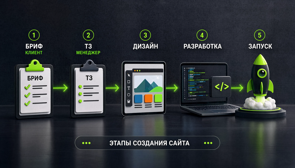 Инфографика этапов разработки сайта от брифа до запуска: бриф, ТЗ, дизайн, разработка, запуск