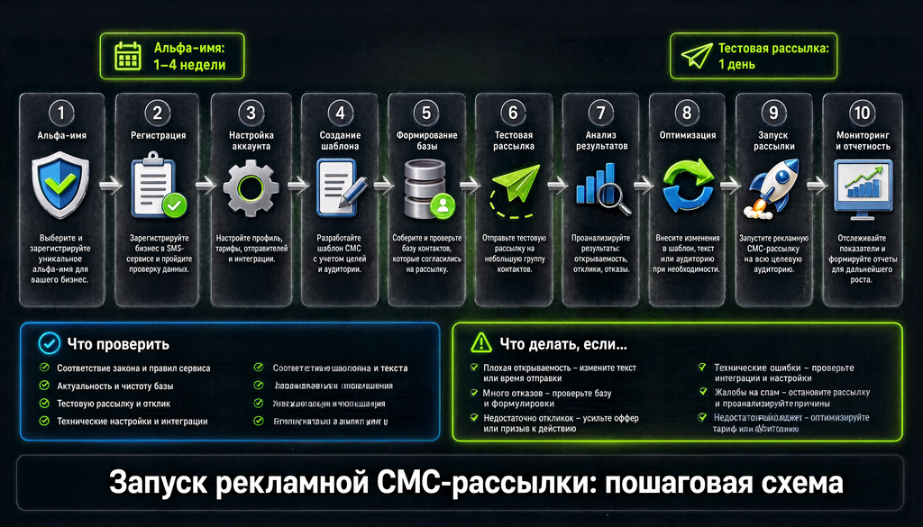 Пошаговая схема запуска рекламной СМС-рассылки: от регистрации до масштабирования, 10 этапов с указанием сроков и контрольными точками