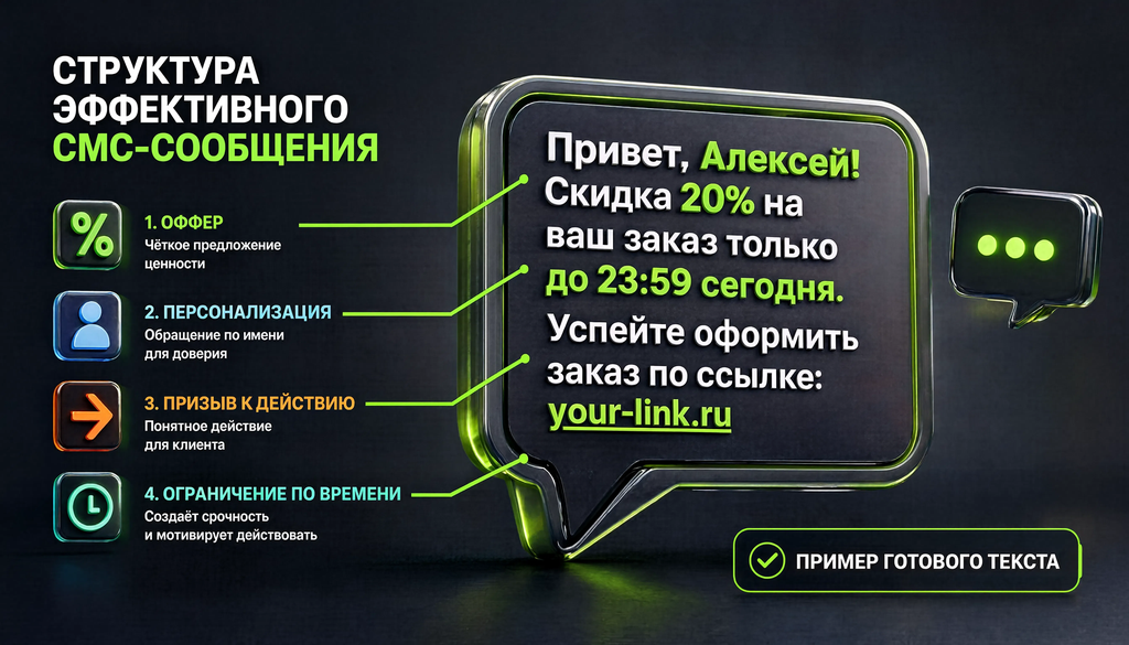 Инфографика структуры эффективного СМС-сообщения: оффер, персонализация, призыв к действию, ограничение по времени и пример текста