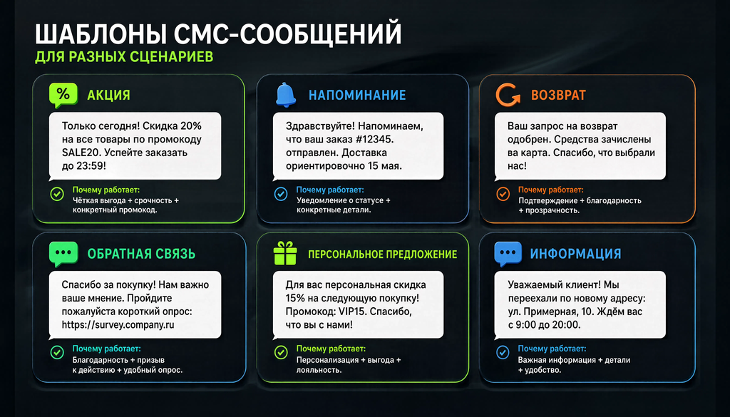 Сравнительная иллюстрация шаблонов СМС-рассылок для разных сценариев: акция, напоминание, возврат, обратная связь