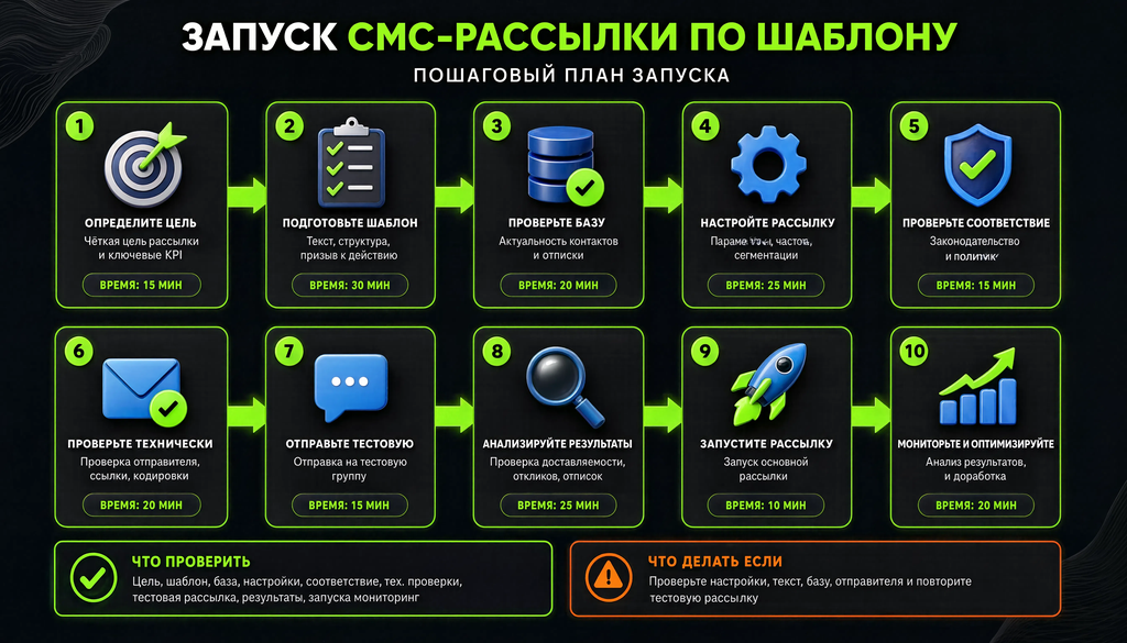 Пошаговая схема запуска СМС-рассылки по шаблону: от выбора сервиса до анализа, 10 этапов с блоками проверки и действий