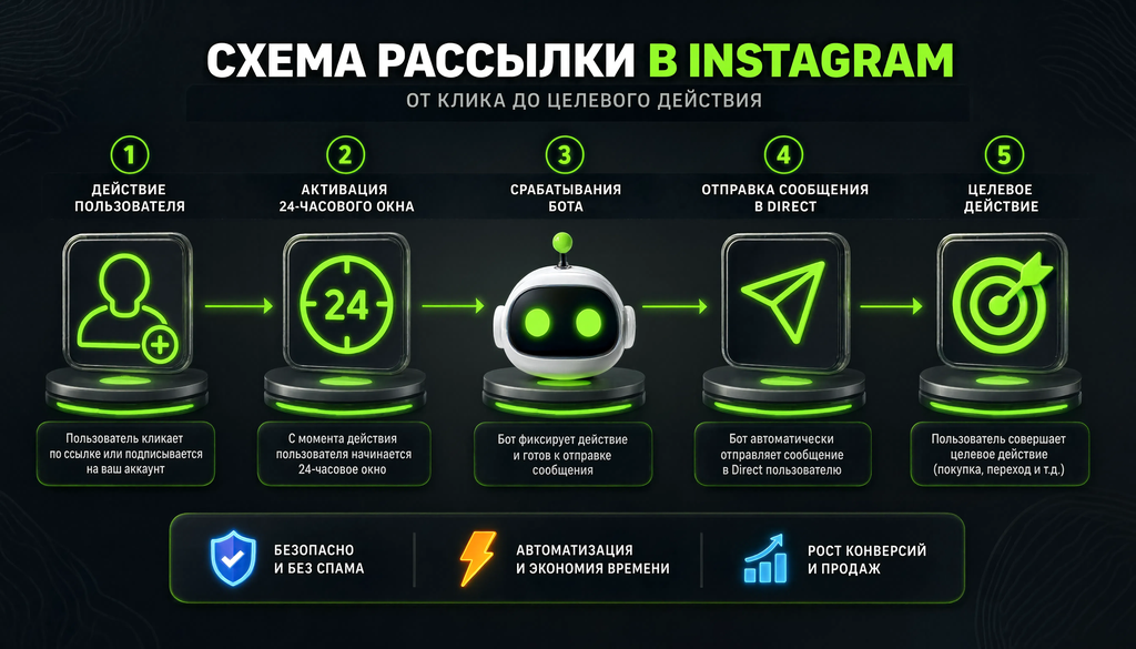 Схема работы рассылки в Instagram: от действия пользователя до сообщения в Direct, этапы: триггер, 24-часовое окно, бот, сообщение, целевое действие.