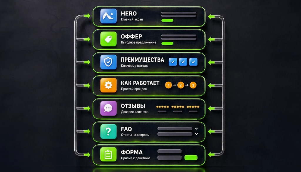 Схема структуры лендинга: от hero до формы с элементами оффера, преимуществ, как работает, отзывов и FAQ