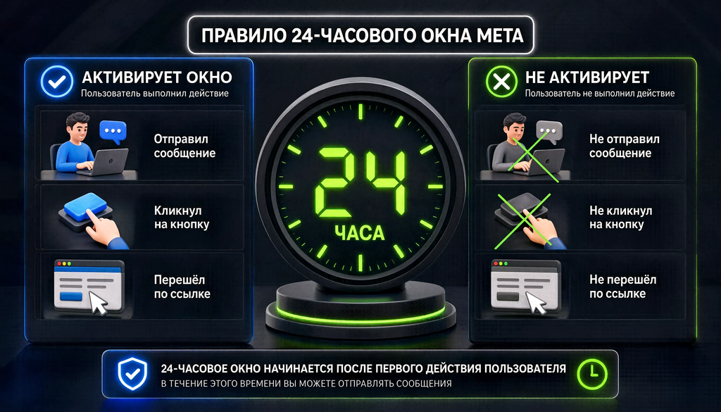 Правило 24-часового окна Meta для рассылок в Instagram &mdash; схема с примерами действий, активирующих и не активирующих окно