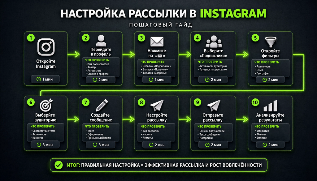 Пошаговая схема настройки рассылки в Instagram: 10 этапов от регистрации до запуска с указанием времени и блоками проверки