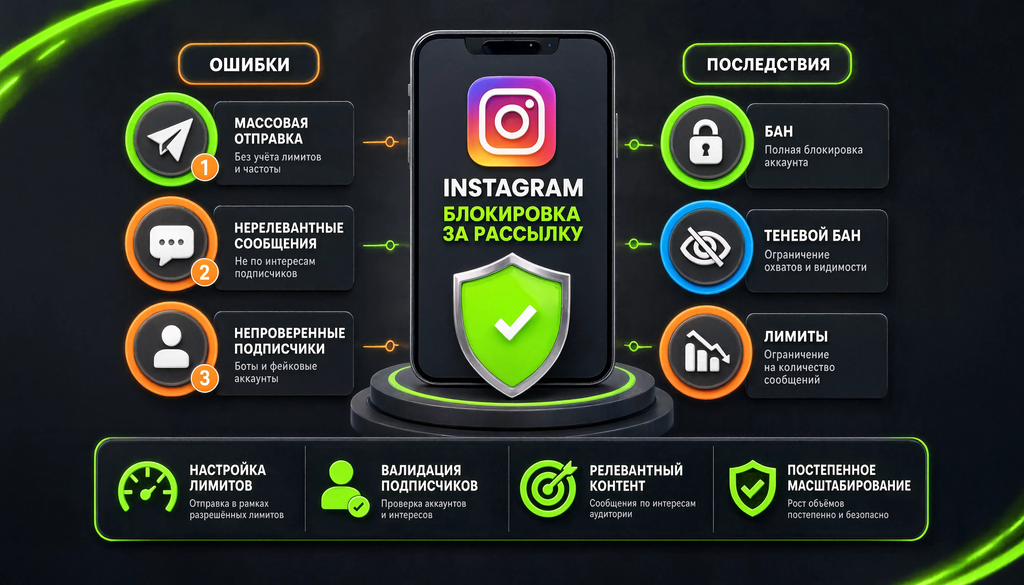 Инфографика: типичные ошибки, приводящие к блокировке Instagram за рассылку, и способы их избежать