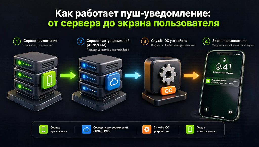 Схема работы пуш-уведомления: сервер приложения, сервер уведомлений APNs/FCM, служба ОС устройства, экран пользователя, стрелки передачи данных
