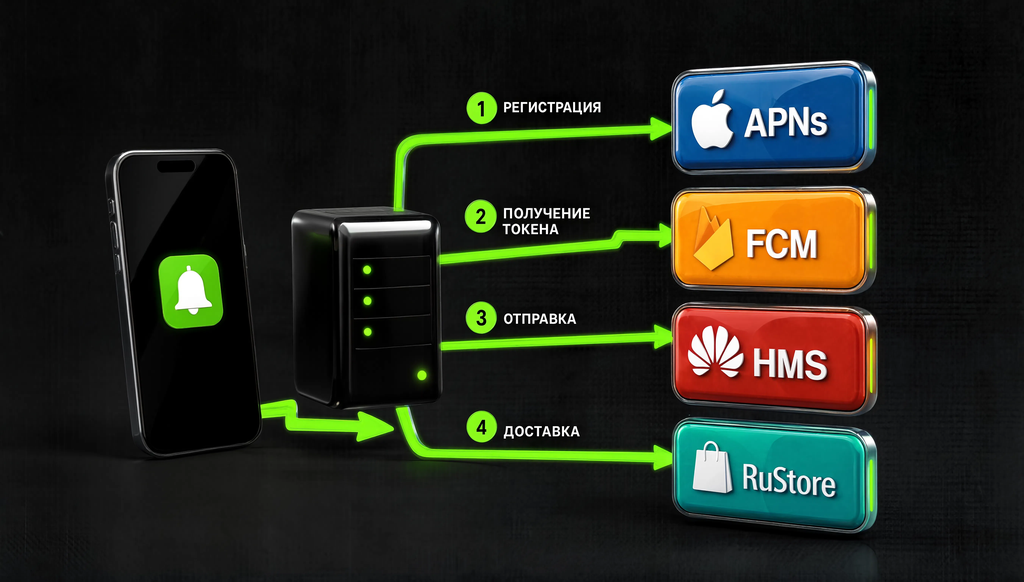 Техническая схема доставки пуш-уведомлений через APNs, FCM, HMS и RuStore с блоками устройства, приложения, сервисов уведомлений и сервера приложения, стрелками шагов
