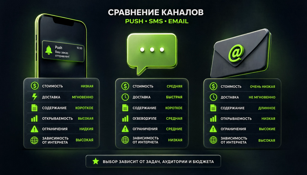 Сравнительная таблица пуш-уведомлений, SMS и email: стоимость, доставка, содержимое, открываемость, ограничения, зависимость от интернета