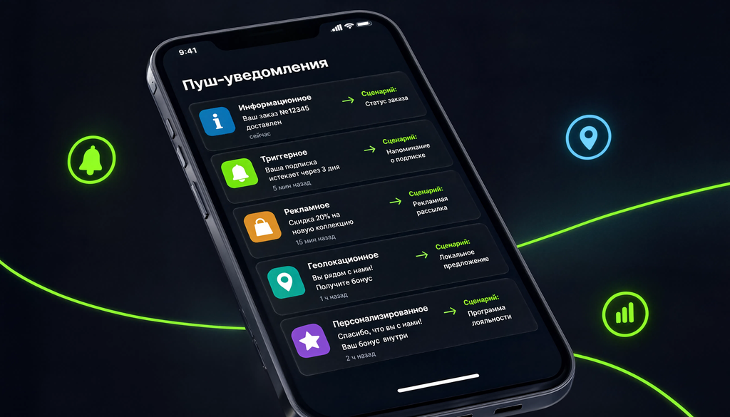 Примеры пуш-уведомлений разных типов: информационного, триггерного, рекламного, геолокационного на экране смартфона с подписями сценариев