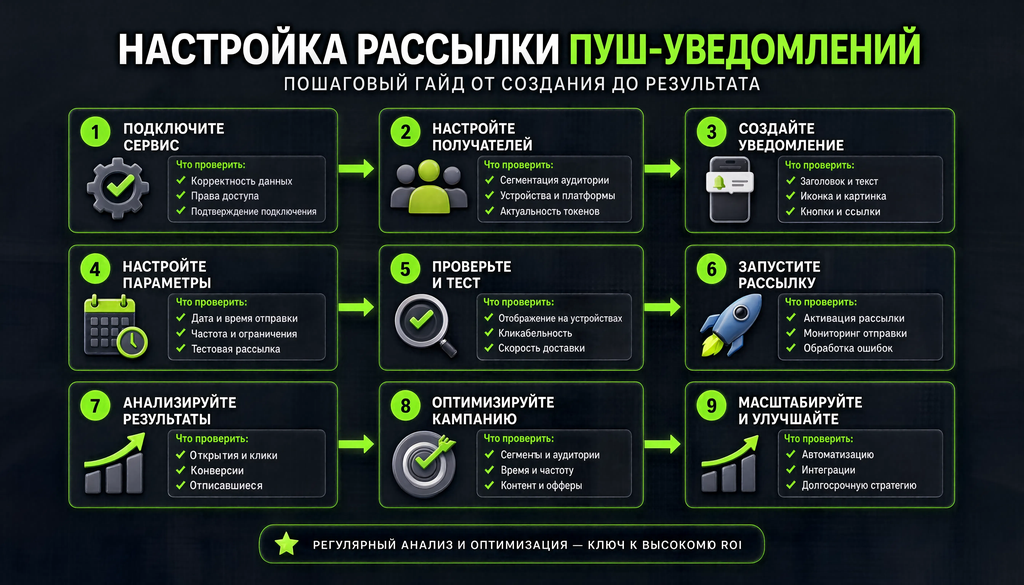 Пошаговая схема настройки рассылки пуш-уведомлений с девятью этапами, стрелками и блоками 'что проверить' на ключевых шагах