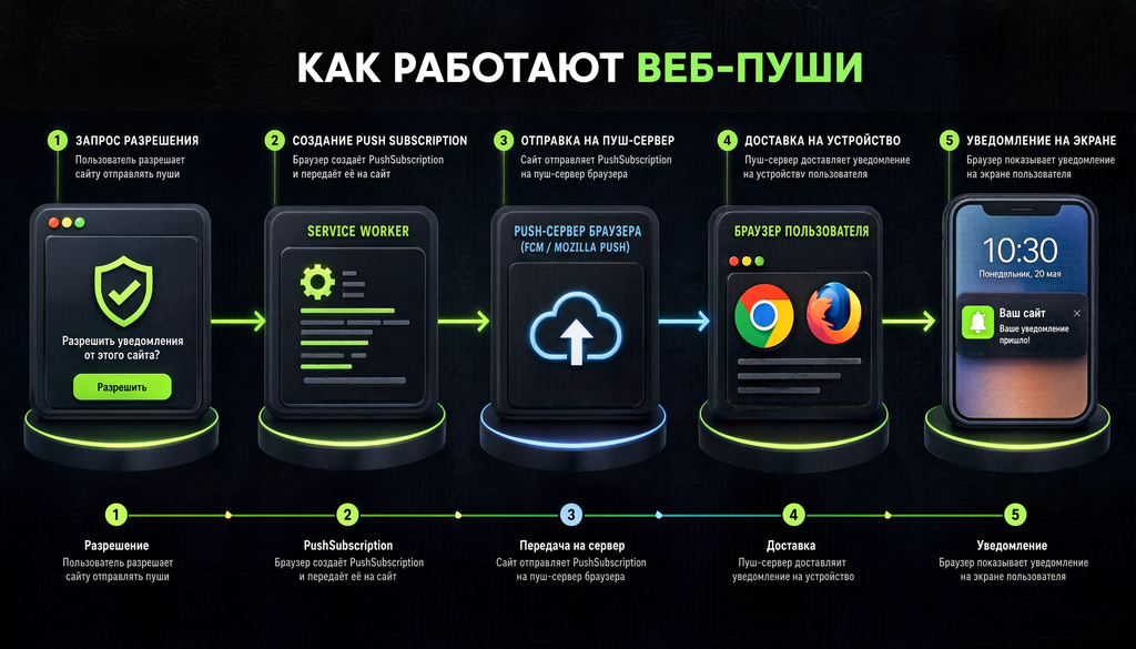 Схема работы веб-пуш уведомлений: от подписки до доставки через push-сервер и Service Worker
