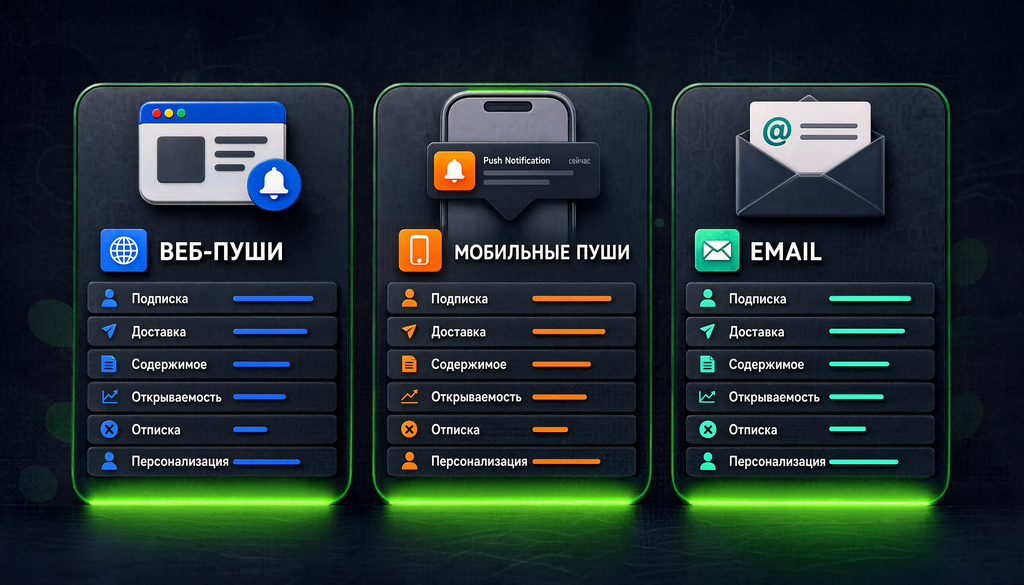 Сравнение веб-пушей, мобильных пушей и email по ключевым параметрам: подписка, доставка, содержимое, открываемость, отписка, персонализация.