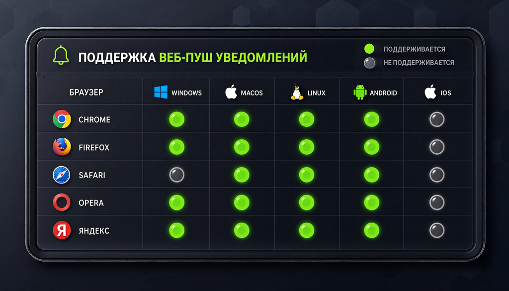 Table showing web push notification support across browsers Chrome, Firefox, Safari, Opera, Yandex and platforms Windows, macOS, Linux, Android, iOS with supported, not supported, and limited support indicators.