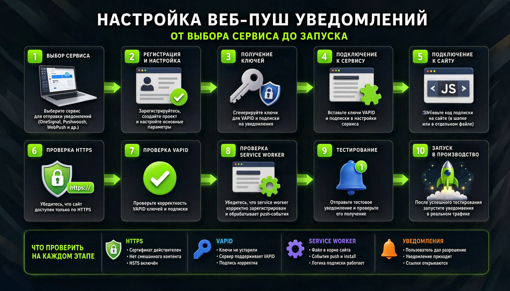 Пошаговая схема настройки веб-пуш уведомлений для сайта: 10 этапов с проверками HTTPS, VAPID, service worker
