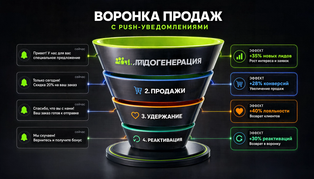 Инфографика: Push-маркетинг на этапах воронки продаж