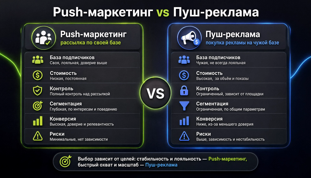 Сравнение push-маркетинга и пуш-рекламы: база подписчиков, стоимость, контроль, сегментация, конверсия, риски