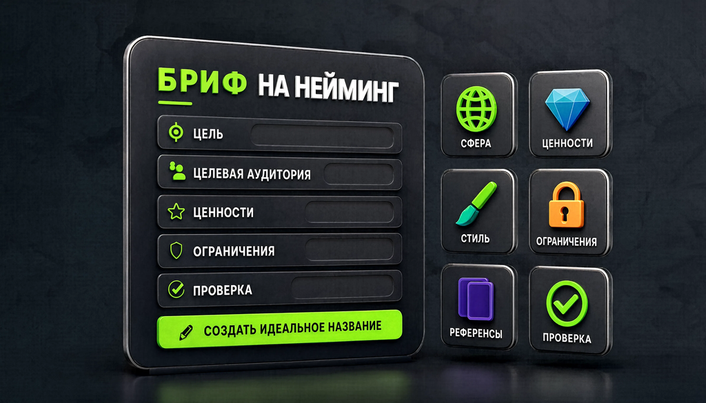 Шаблон брифа для нейминга: сфера, ценности, стиль, ограничения, референсы, проверка