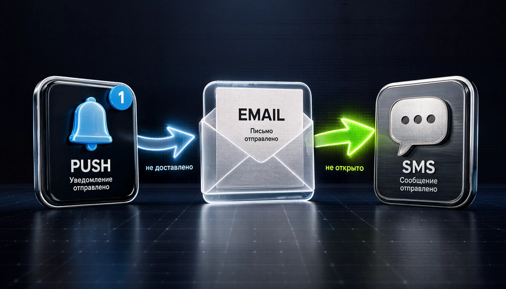 Схема каскадной рассылки: push (бесплатно) &rarr; email (дёшево) &rarr; SMS (дорого) с условиями перехода при недоставке или неоткрытии, демонстрирующая экономию бюджета