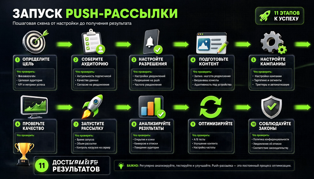 Пошаговая схема запуска push-рассылки: 11 этапов с контрольными точками проверки