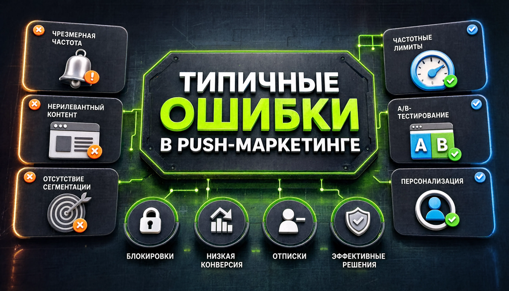 Типичные ошибки в push-маркетинге: инфографика с последствиями (блокировки, низкая конверсия, отписки) и защитными действиями