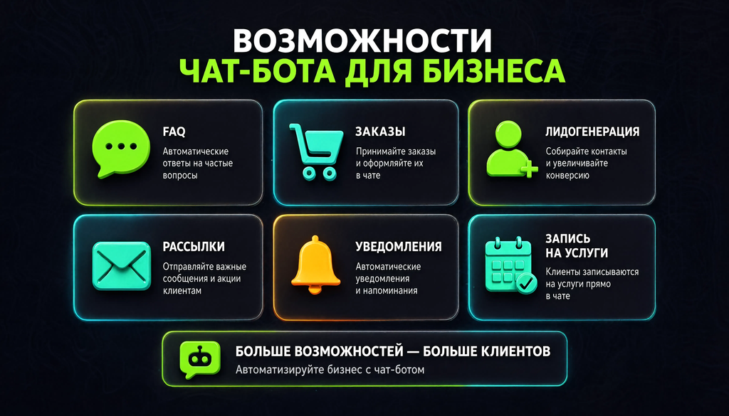 Инфографика: задачи чат-бота для бизнеса &mdash; продажи, поддержка, маркетинг, HR с иконками FAQ, заказы, лидогенерация, рассылки, уведомления, запись на услуги