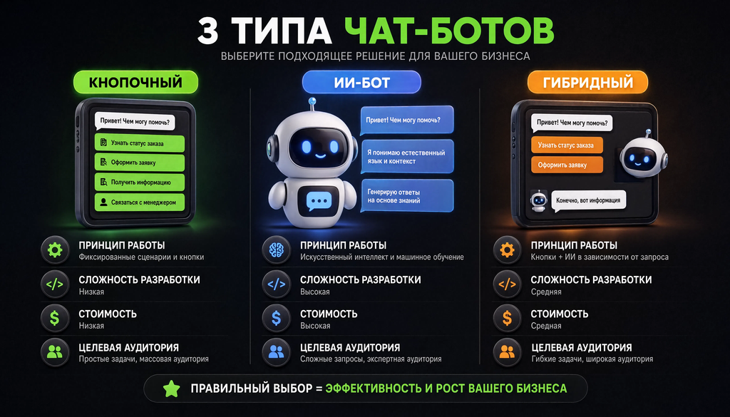 Сравнение трех типов чат-ботов: кнопочный, ИИ, гибридный