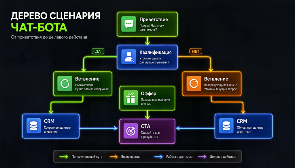 Дерево сценария чат-бота: от приветствия до заявки