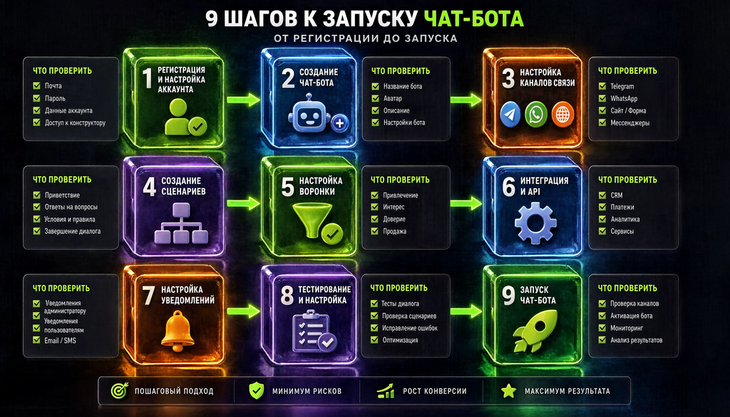 Настройка чат-бота в конструкторе: пошаговая схема из 9 этапов с блоками проверки