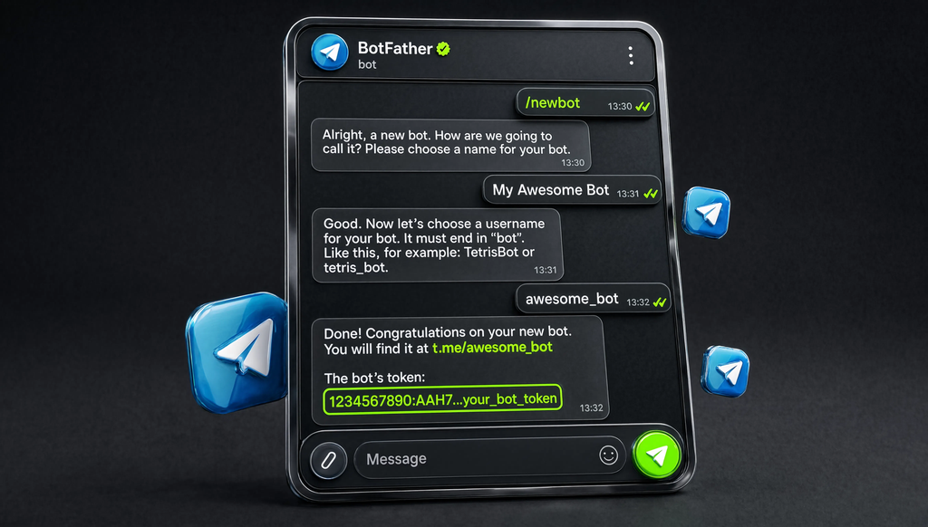 Пошаговый скриншот создания Telegram бота через BotFather: команда /newbot, ввод названия и никнейма, получение токена