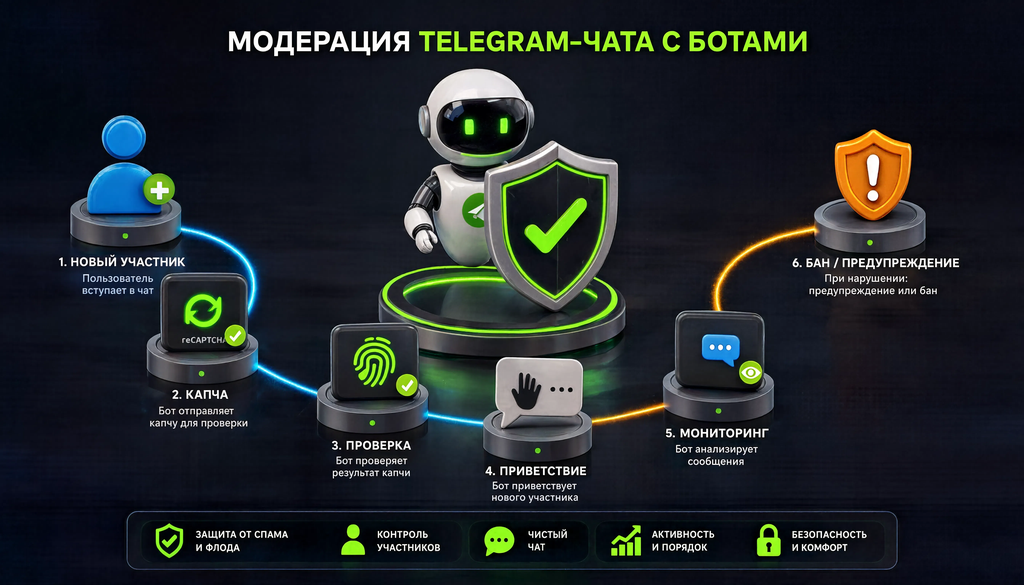 Схема модерации Telegram-чата с ботами: новый участник проходит капчу (Shieldy), проверку (scamoed_bot), приветствие (Welcome Bot), мониторинг сообщений (Combot/ChatKeeperBot) и бан или предупреждение при нарушении.