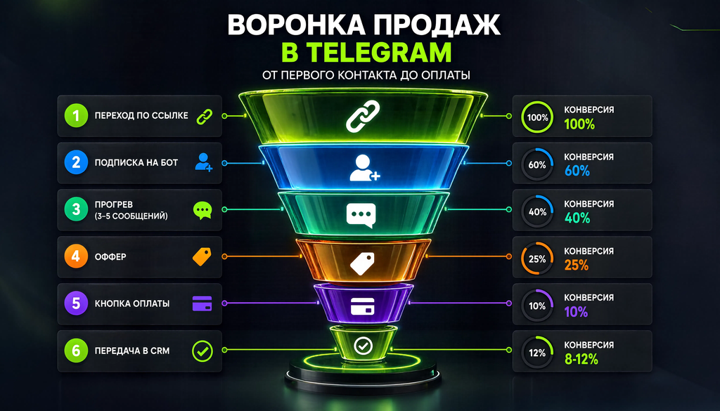 Схема воронки продаж в Telegram от первого контакта до оплаты с этапами автоматизации и конверсией