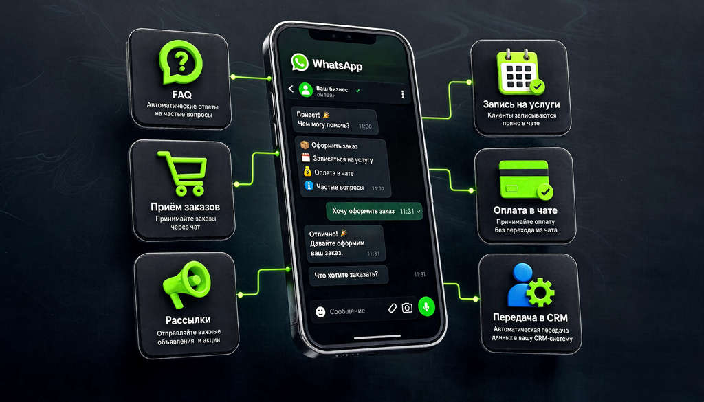 Инфографика, показывающая возможности чат-бота в WhatsApp: продажи, поддержка, рассылки, запись на услуги, оплата в чате и передача в CRM