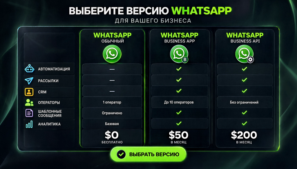 Сравнение версий WhatsApp: обычный, Business App, Business API