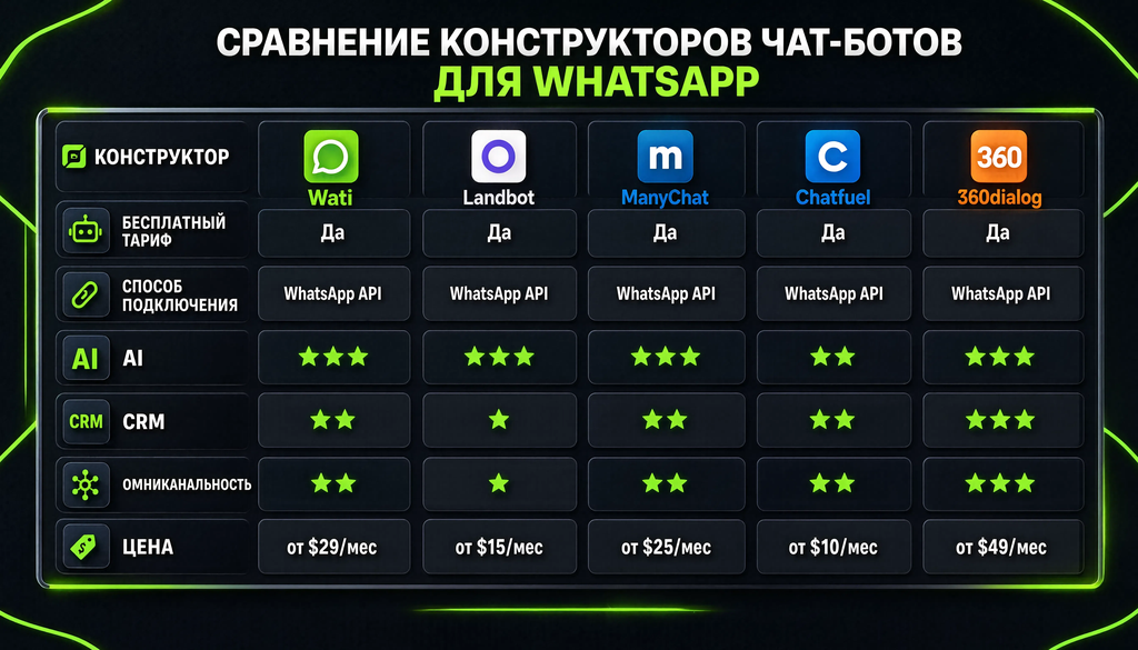 Сравнение конструкторов чат-ботов для WhatsApp по ключевым параметрам: тарифы, подключение, AI, CRM, омниканальность, цена
