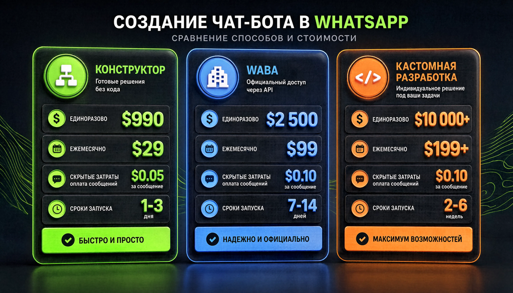 Инфографика: стоимость чат-бота в WhatsApp по способам создания &mdash; конструктор, WABA, кастом. Сравнение единоразовых и ежемесячных расходов, скрытых затрат и сроков запуска.
