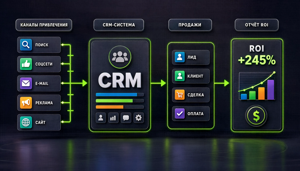 Схема CRM-аналитики: каналы, CRM, продажи, отчёт ROI