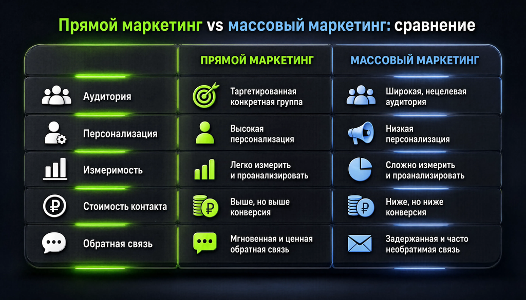 Сравнительная таблица прямого маркетинга и массового маркетинга по критериям: аудитория, персонализация, измеримость, стоимость контакта, обратная связь
