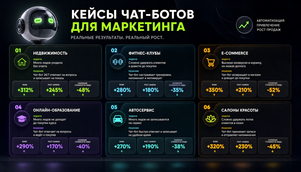 Инфографика с результатами кейсов чат-ботов: ROMI, рост заявок, снижение стоимости лида