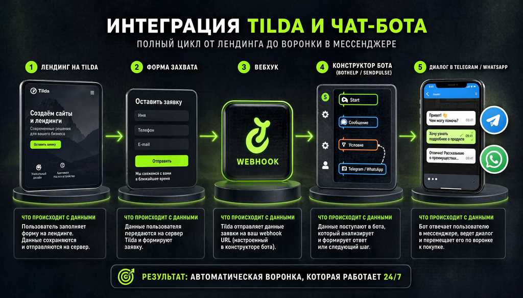 Схема интеграции лендинга на Tilda с чат-ботом в Telegram и WhatsApp через форму захвата и вебхук