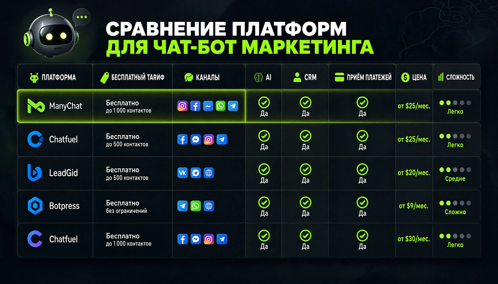 Таблица сравнения платформ для чат-бот маркетинга по параметрам: бесплатный тариф, каналы, AI, CRM, приём платежей, цена, сложность